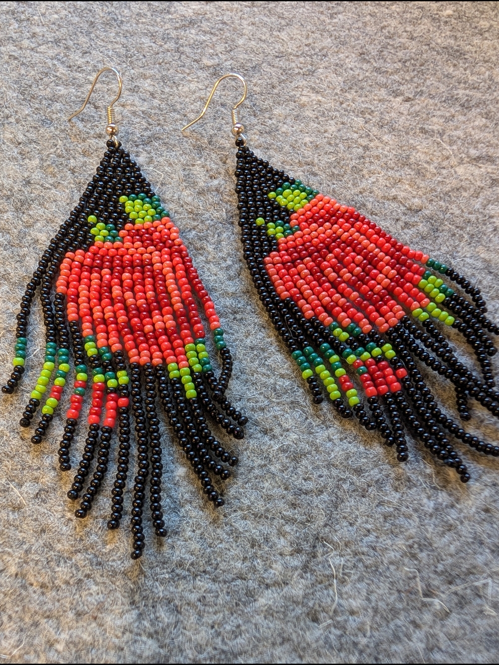 Handcrafted Red Beaded Fringe Earrings with Green Accents